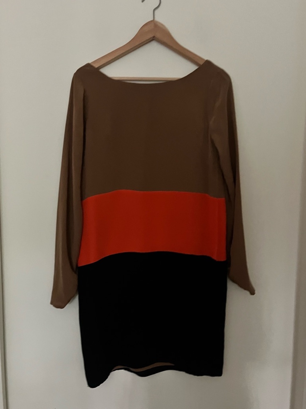 Ella Luna 100% Silk Made in France Colourblock Shift Dress Brown Red Black S/M